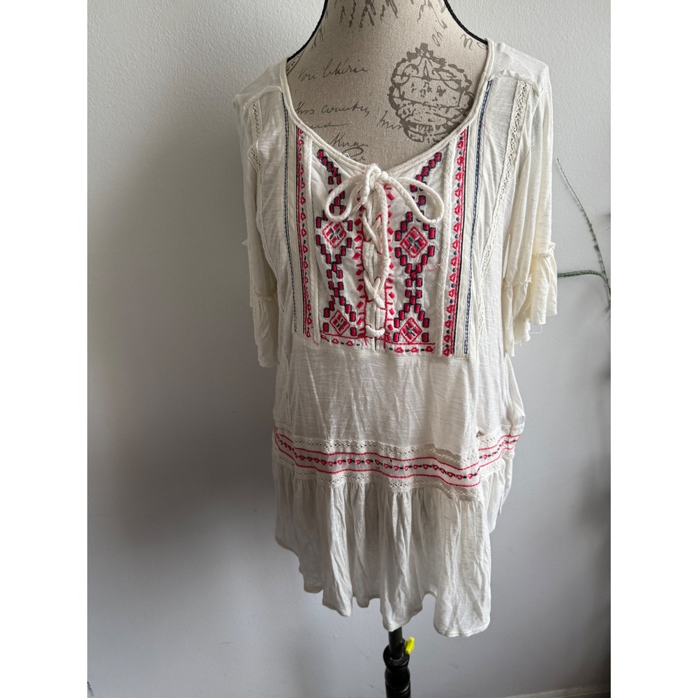 Free People‎ Cream Embroidered Lace Up Tunic Top Bell Sleeve Boho
